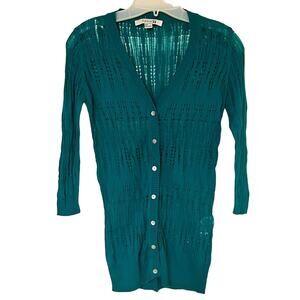 Forever 21 Distressed V-Neck Quarter Sleeve Cardigan Sweater Teal Small